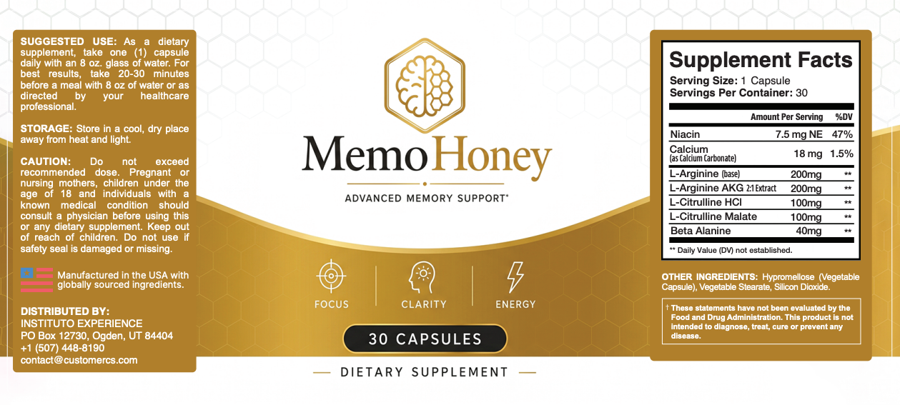 MemoHoney supplement facts label with ingredients and suggested use