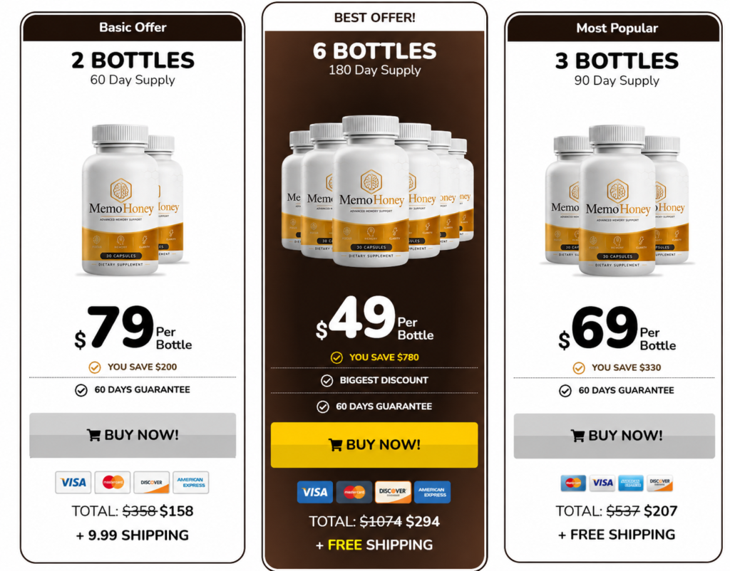 MemoHoney official price packages with 2 bottle 3 bottle and 6 bottle options