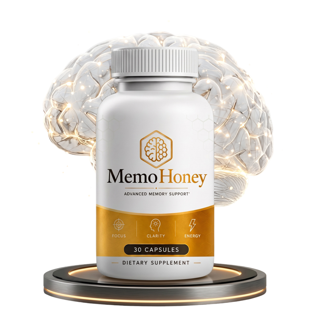 MemoHoney brain health supplement bottle with memory support illustration