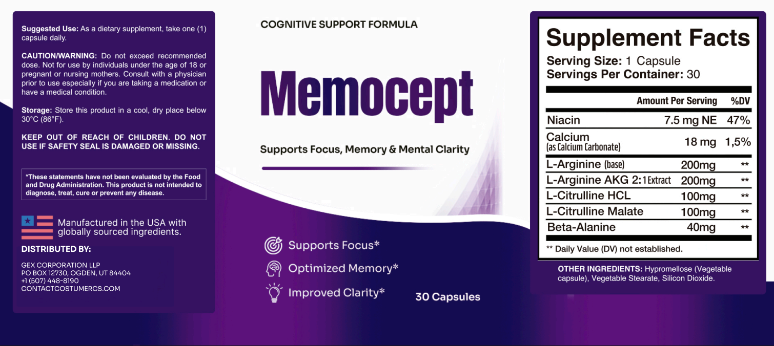 MemoCept ingredient label showing Bacopa monnieri, Huperzine-A, Rhodiola rosea, L-Tyrosine, and natural caffeine
